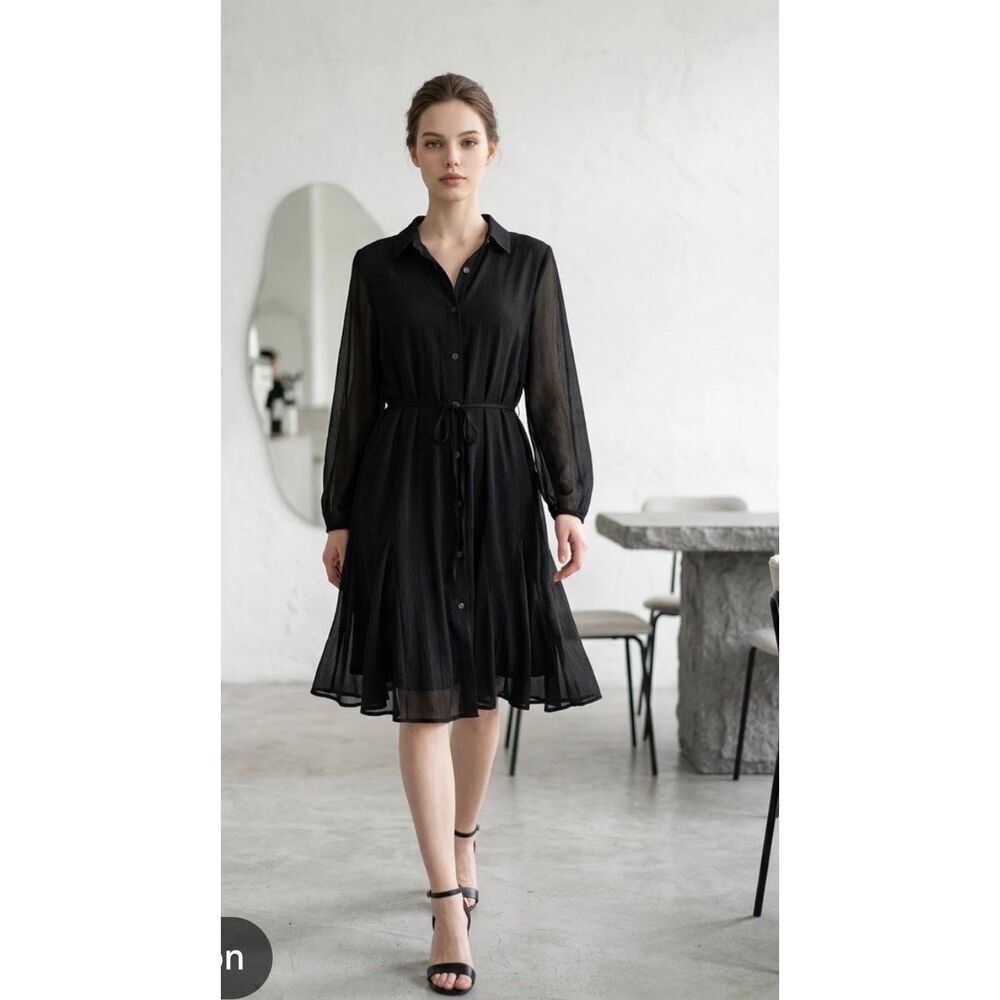 LOFT Black Chiffon Ruffle Shirt Dress- XL {NWT}